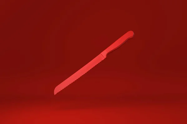 Rood Keukenmes Drijvend Rode Achtergrond Minimaal Concept Idee Creatief Monochroom — Stockfoto