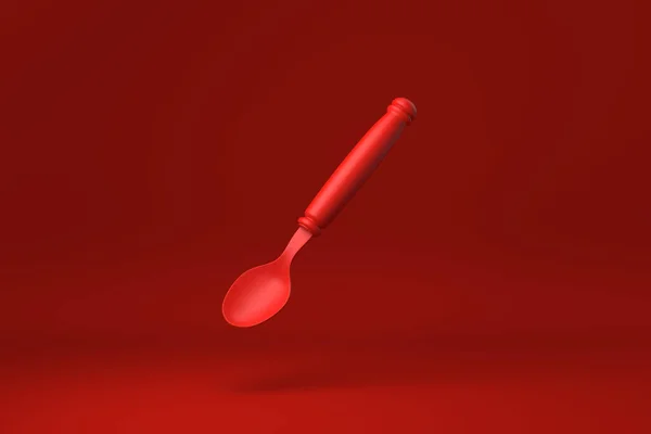 Red Spoon Floating Red Background Minimal Concept Idea Creative Monochrome — Stock Photo, Image