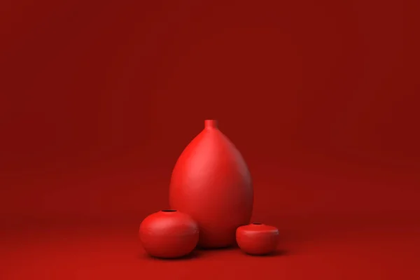 Κόκκινα Βάζα Επιπλέουν Κόκκινο Φόντο Ελάχιστη Ιδέα Δημιουργική Μονόχρωμη Απόδοση — Φωτογραφία Αρχείου