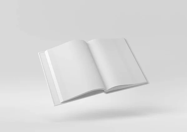 White Blank Open Magazine Boek Drijvend Witte Achtergrond Minimaal Concept — Stockfoto