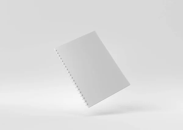 Caderno Branco Flutuando Fundo Branco Ideia Conceito Mínimo Criativo Monocromático — Fotografia de Stock