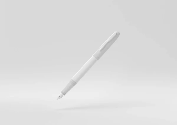 White Fountain Pen Flutuando Fundo Branco Ideia Conceito Mínimo Criativo — Fotografia de Stock