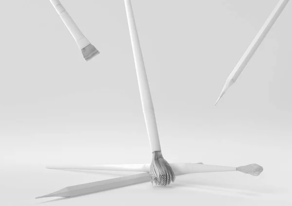Beyaz Arka Planda Yüzen Beyaz Kirli Boya Fırçaları Asgari Konsept — Stok fotoğraf