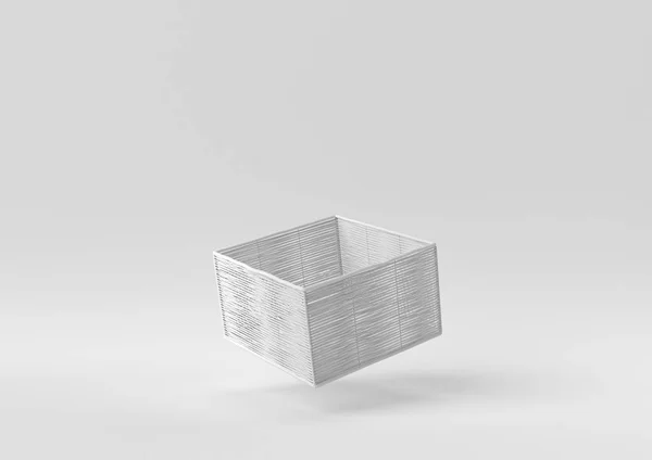 白色柳条篮漂浮在白色背景中 最小的概念创意 3D渲染 — 图库照片