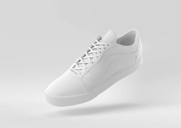 白い背景に浮かぶ白い靴 創造性を最小限に抑えます 3Dレンダリング — ストック写真