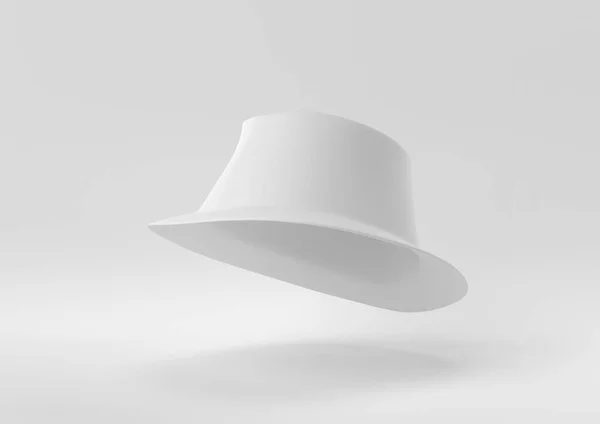 白い背景に浮かぶ白いFedoraの帽子 創造性を最小限に抑えます モノクロだ 3Dレンダリング — ストック写真