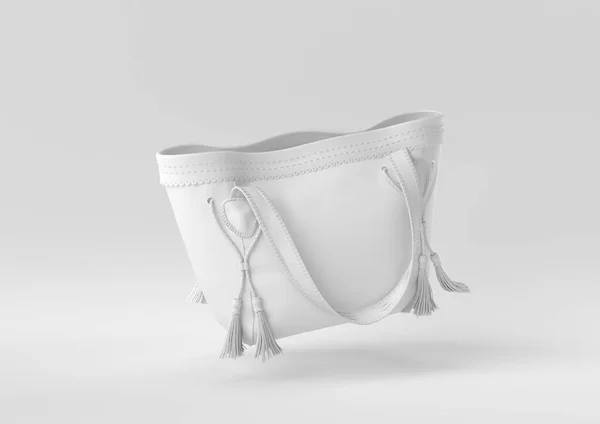 Λευκή Τσάντα Γυναικεία Αξεσουάρ Μόδας Που Επιπλέουν Λευκό Φόντο Ελάχιστη — Φωτογραφία Αρχείου