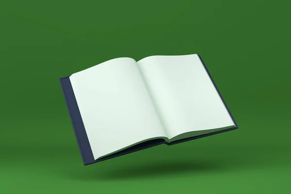 Üres Nyitott Magazin Vagy Könyv Lebeg Zöld Háttérben Minimális Koncepció — Stock Fotó