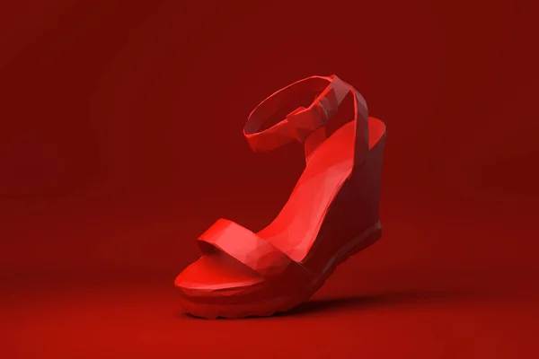 Röd Sko Flyter Röd Bakgrund Minimal Konceptidé Kreativ Origami Stil — Stockfoto