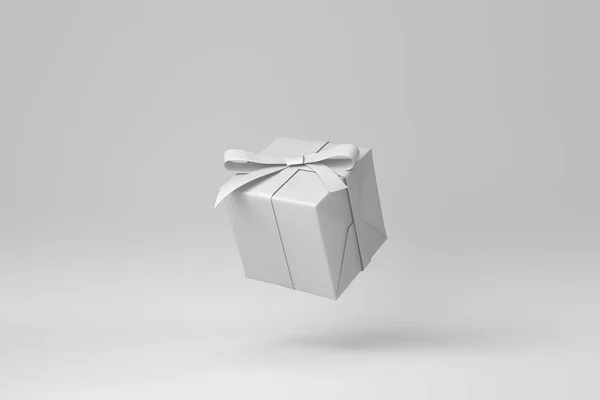 白い背景にリボン付きのギフトボックス 最小限の概念 モノクロだ 3Dレンダリング — ストック写真
