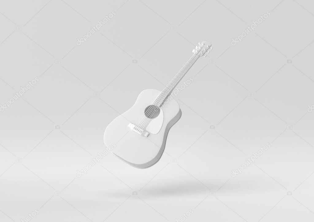 White Guitar acoustic body floating in white background. minimal concept idea creative. monochrome. 3D render.