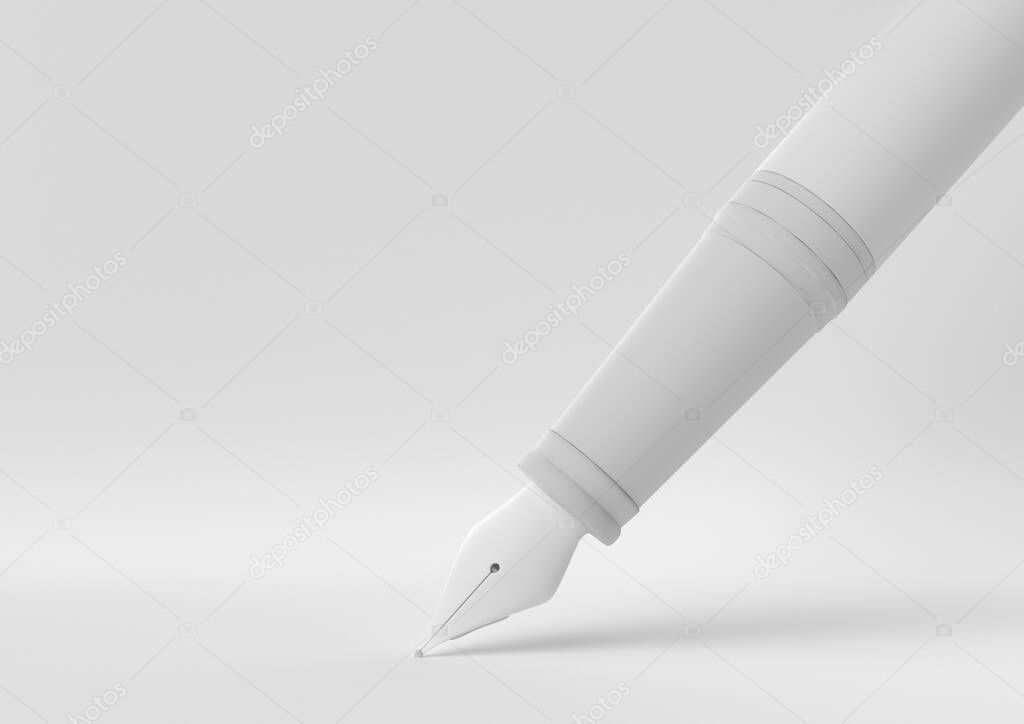 White Fountain pen writing a signature in white background. minimal concept idea creative. monochrome. 3D render.
