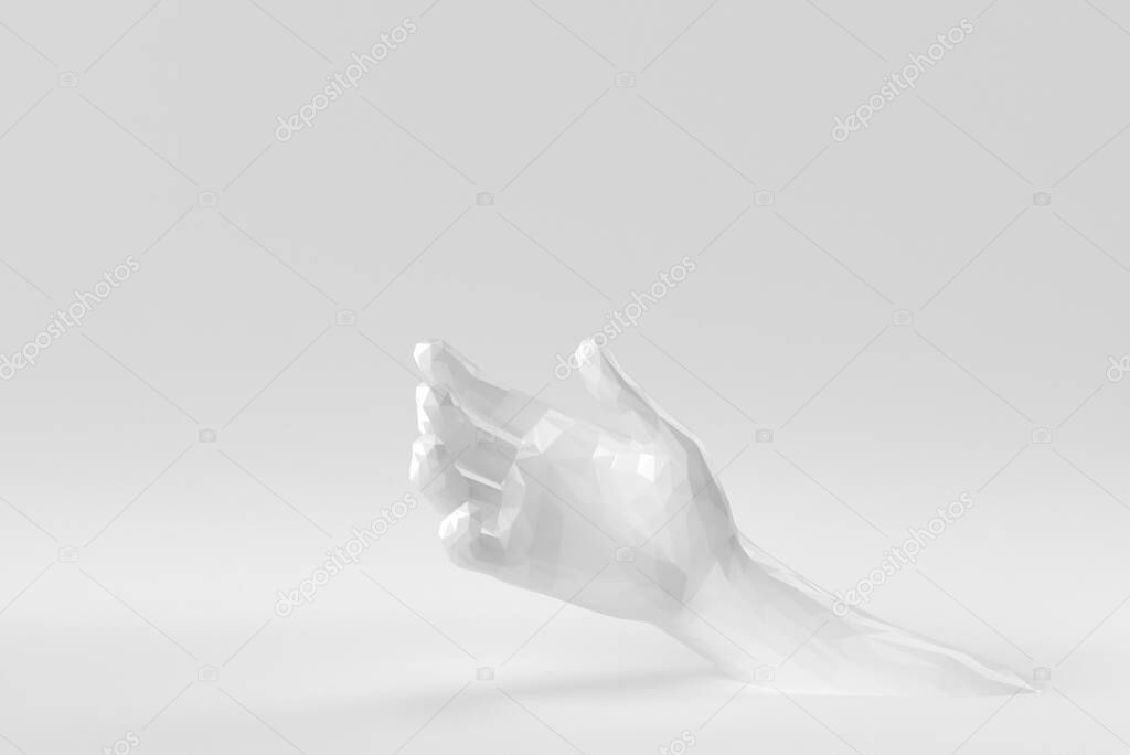hand holding something like a bottle or smartphone on a white background. Abstract polygonal minimal concept. monochrome. 3D render