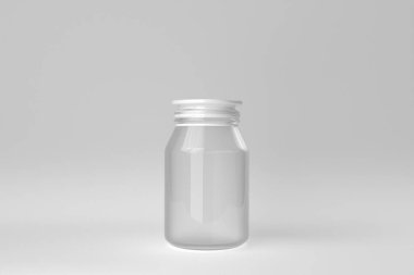 Beyaz arka planda boş cam kavanoz. Minimum konsept. 3 Boyutlu Hazırlama.