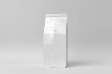 Beyaz arka planda White Blank Foil Food Doy paketi. Minimum konsept. Kese Çantası Paketi. 3 Boyutlu Hazırlama.