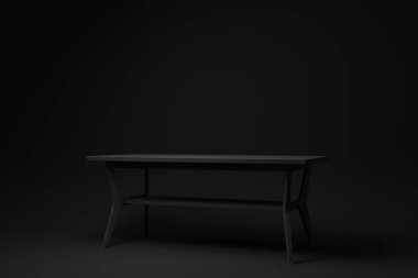 Siyah modern masa ya da siyah arka planda yemek masası. Minimum konsept fikir. Tek renk olsun. 3d hazırlayıcı.