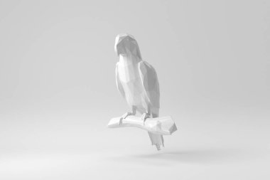 Soyut çokgen papağanı. Kuş beyaz arka planda dalda oturuyor. Tasarım Şablonu, Mock up up. 3 Boyutlu Hazırlama.