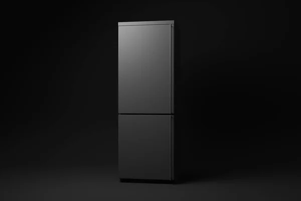 Schwarzer Kühlschrank Kühlschrank Mit Gefrierfach Auf Schwarzem Hintergrund Minimale Konzeptidee — Stockfoto