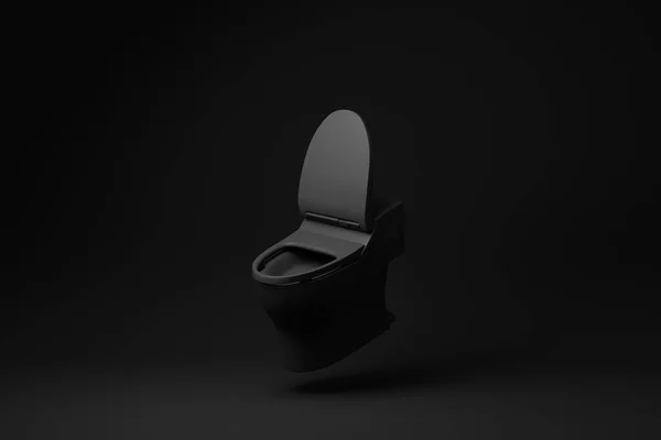 Schwarze Keramik Toilettenschüssel Schwimmend Auf Schwarzem Hintergrund Minimale Konzeptidee Monochrom — Stockfoto