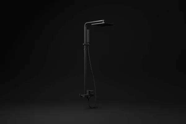 黑色的淋浴头和水龙头漂浮在黑色的背景上 最小的概念概念 3D渲染 — 图库照片