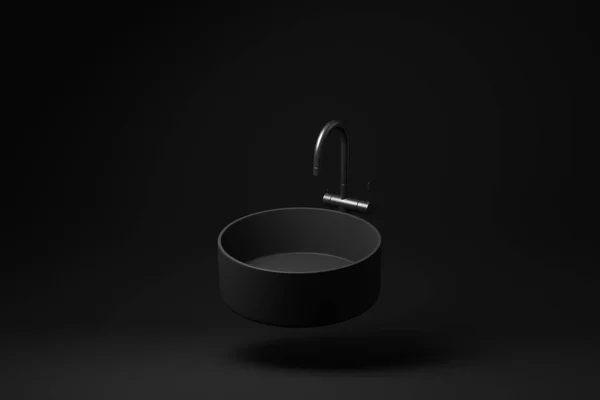 Czarny Umywalka Pływające Czarnym Tle Minimalny Pomysł Koncepcyjny Monochromatyczne Renderowanie — Zdjęcie stockowe