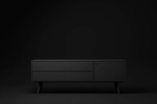Schwarzes Sideboard Regalfernseher Auf Schwarzem Hintergrund Minimale Konzeptidee Monochrom Darstellung — Stockfoto