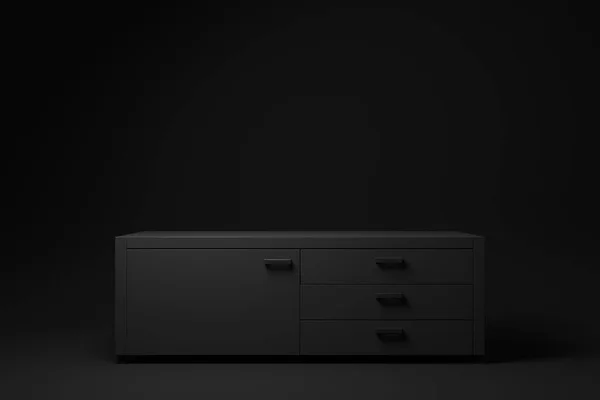 黒のサイドボード ブラックの背景に棚テレビ 最小限の概念です モノクロだ 3Dレンダリング — ストック写真