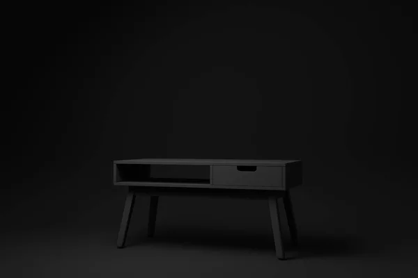 Schwarzes Modernes Sideboard Auf Schwarzem Hintergrund Minimale Konzeptidee Monochrom Darstellung — Stockfoto