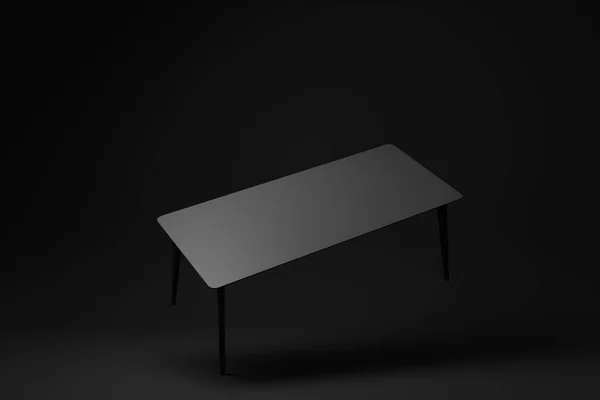 Siyah modern masa ya da yemek masası siyah arka planda yüzüyor. Minimum konsept fikir. Tek renk olsun. 3d hazırlayıcı.