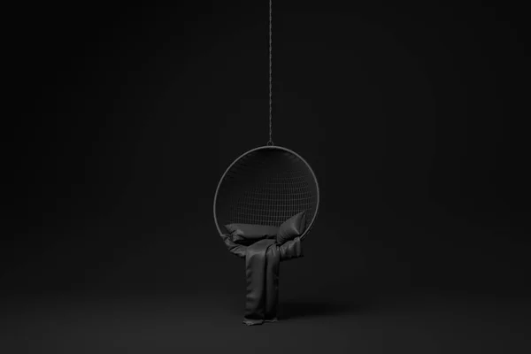 Black hanging garden chair on Black background. minimal concept idea. monochrome. render render.