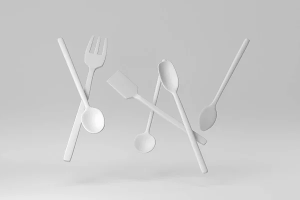 Wooden Spoons Spatulas Forks White Background Minimal Concept Render — Stock Photo, Image