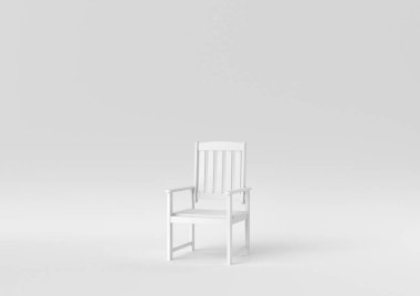 Beyaz arka planda beyaz ahşap rahat sandalye. Minimum konsept fikir. Tek renk olsun. 3d hazırlayıcı