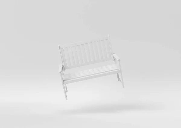白い背景に浮かぶ白い木の公園のベンチ 最小限の概念です モノクロだ 3Dレンダリング — ストック写真