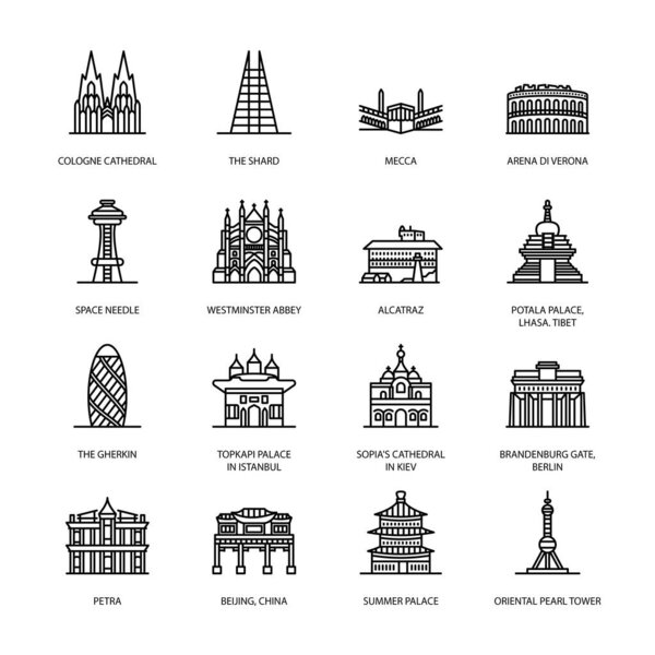 World Landmarks Outline Icons - Stroked, Vectors