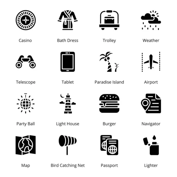Ícones Glifo Viagens Turismo Sólido Vetores —  Vetores de Stock