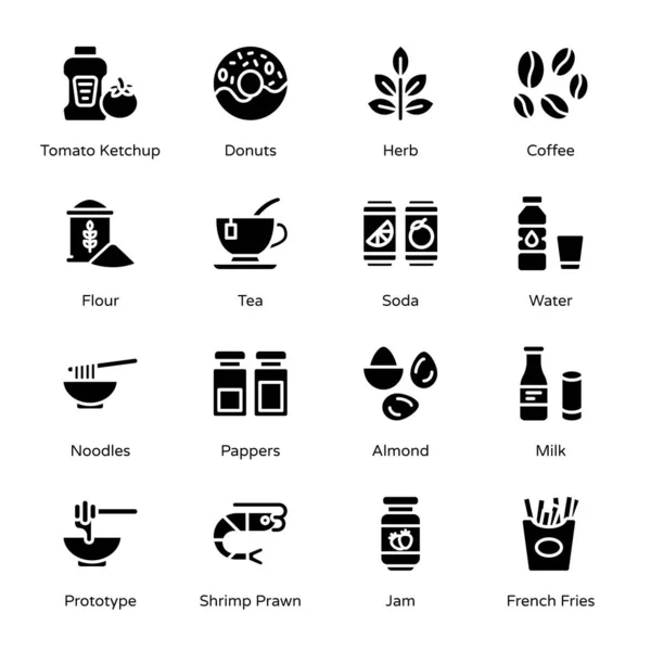 Alimentos Bebidas Iconos Glifos Sólidos Vectores — Archivo Imágenes Vectoriales