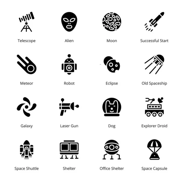 Space Astronomy Glyph Icons Szilárd Vektorok — Stock Vector