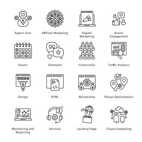 Seo Development Marketing Outline Icons Stroked Vectors — Vettoriale Stock