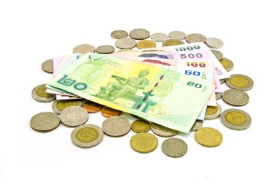 Tayland banknot ve madeni paraların üzerinde beyaz izole