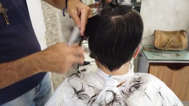 Video Dari Penata Rambut Tangan Memotong Rambut Seorang Wanita — Stok Video