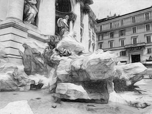 Zwart Wit Digitale Tekening Van Een Glimp Van Fontein Rome — Stockfoto