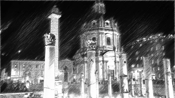 Zwart-wit digitale schets van een nachtzicht op het plein van Rome met uitzicht op de keizerlijke forums — Stockfoto