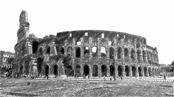 大竞技场的黑白数码素描 这个伟大的圆形剧场可追溯到罗马帝国时期 — 图库照片