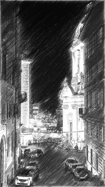 Zwart Wit Digitale Schets Van Een Nachtzicht Van Een Straat — Stockfoto