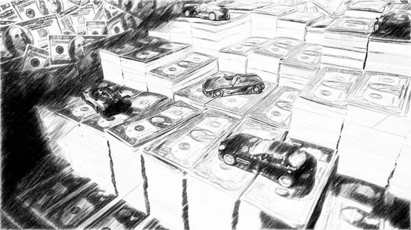 Amerikan Doları Yığınları Üzerinde Lüks Arabaların Siyah Beyaz Çizimi — Stok fotoğraf