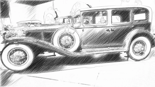 Черно Белый Эскиз Стороны Старинного Автомобиля — стоковое фото