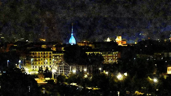 Pintura aquarela de um vislumbre noturno de Turim na Itália. — Fotografia de Stock