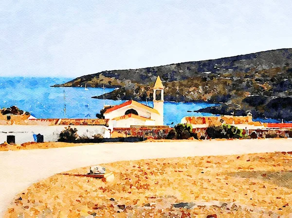 Watercolor painting of a glimpse of the bay and the fishing village of Asinara in Sardinia. — ストック写真