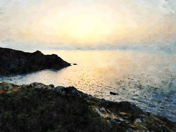 Pintura en acuarela de una puesta de sol brumosa en la costa. —  Fotos de Stock