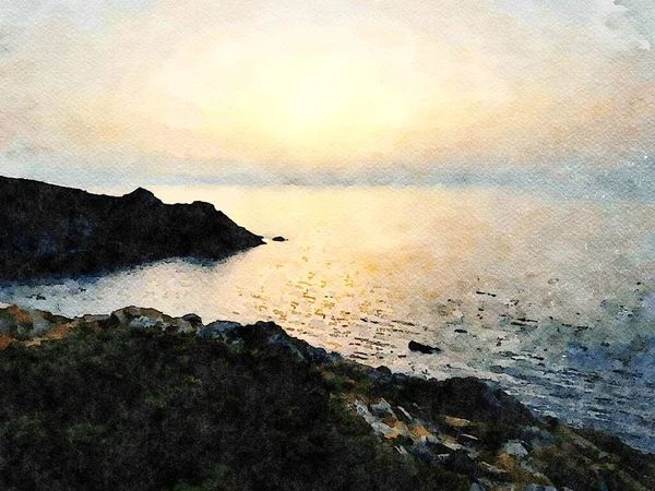 Pintura en acuarela de una puesta de sol brumosa en la costa. Fotos de stock